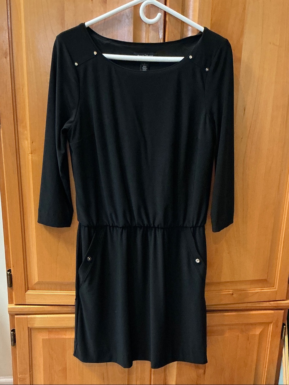 White House Black Market Black Long-Sleeve Elastic-Waist Dress with Stud Accents